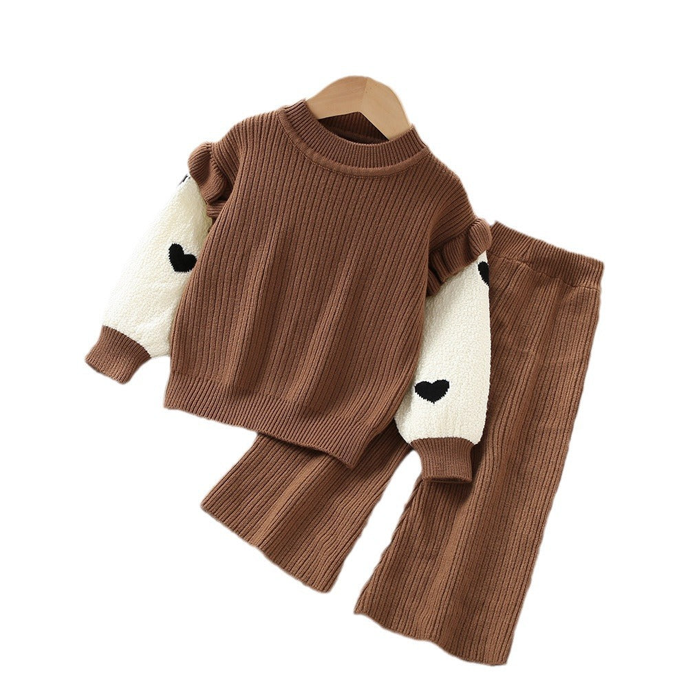 A girls sweater set autumn new Korean version fashionable little girl knitted fake two-piece long-sleeved two-piece pants