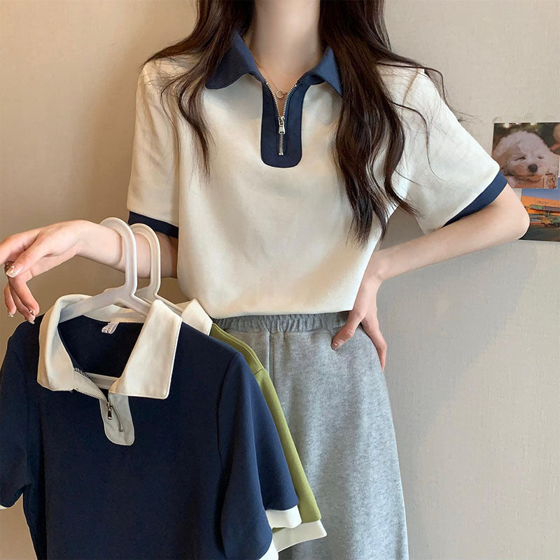 Large size women's clothing front shoulder short-sleeved T-shirt women's summer new polo shirt lapel thin zipper top, one piece is sent on behalf of others.