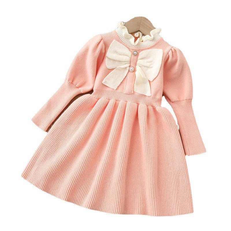 Girls' woolen dress, children's knitted dress, new bow fashion long dress, baby girl dress