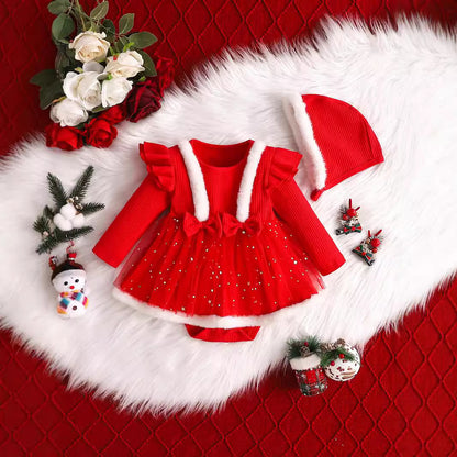 A Autumn new Christmas festive red bow long-sleeved one-piece triangular Romper skirt + Christmas hat