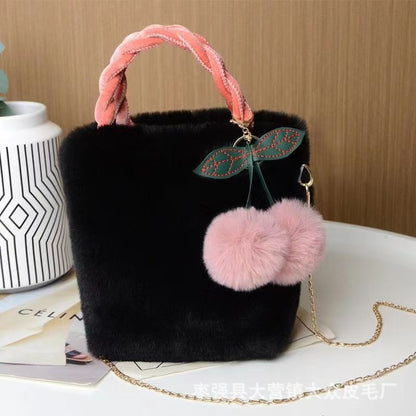 Bolso de mano con forma de conejo de peluche y cerezas, bonito y femenino 