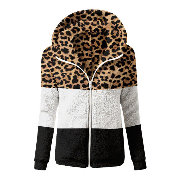 Chaqueta con capucha gruesa de invierno para mujer, de felpa, de manga larga y bloques de colores con estampado de leopardo 