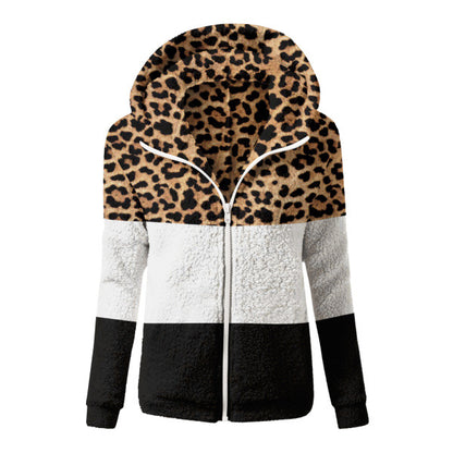 Chaqueta con capucha gruesa de invierno para mujer, de felpa, de manga larga y bloques de colores con estampado de leopardo 