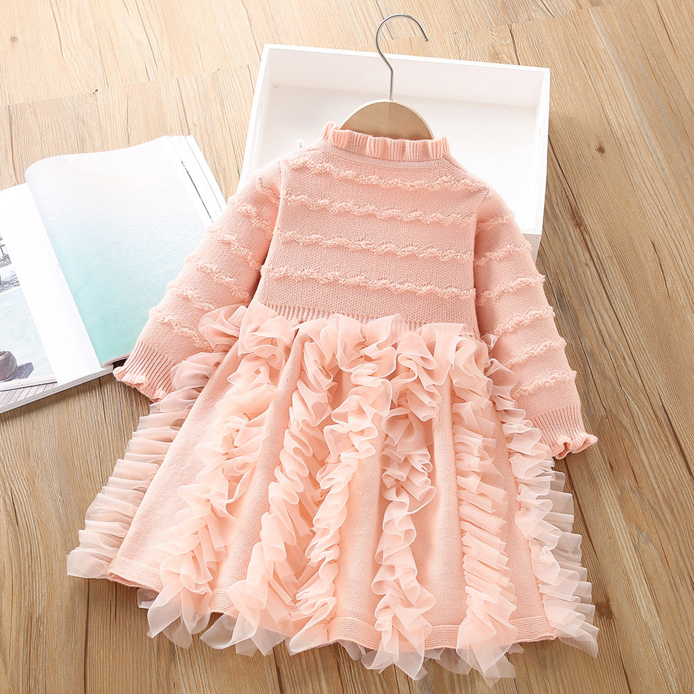 A girls sweater dress autumn and winter new Korean version of foreign style solid color little girl knitted long-sleeved princess dress tide