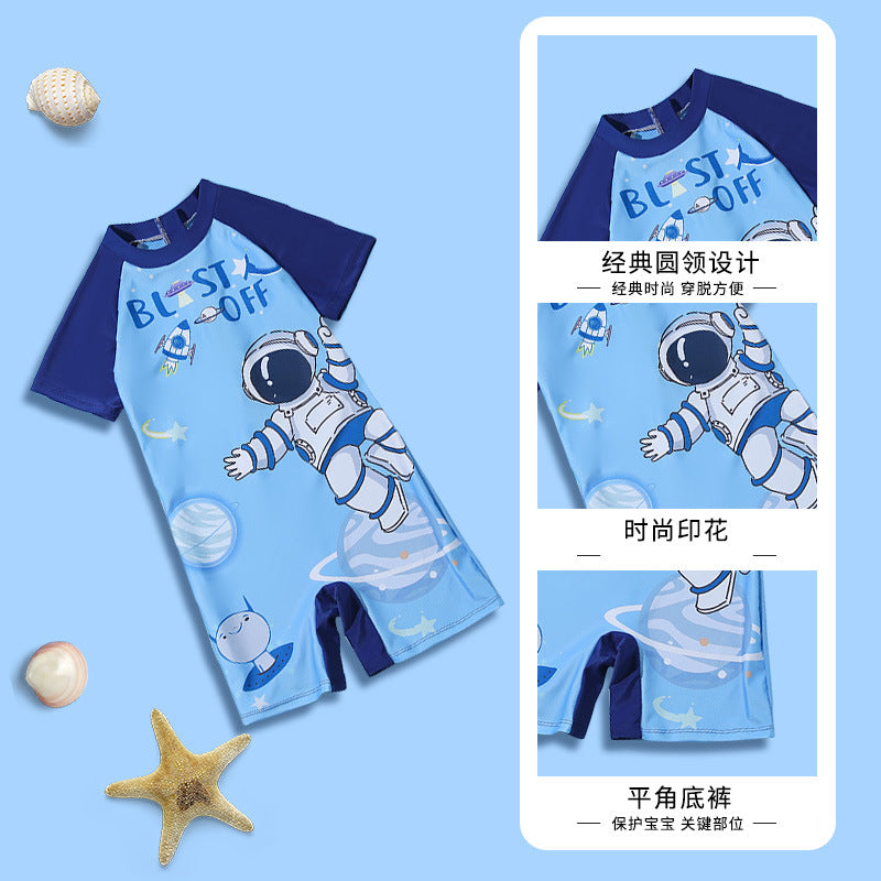 A children's swimsuit, boys and girls, one piece short sleeved sports swimsuit, middle and large children's student cartoon casual swimsuit wholesale 0.14KG