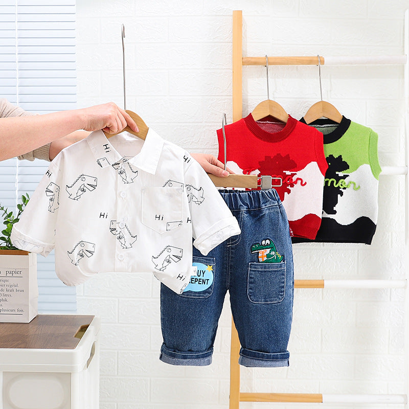 A boys' spring suit foreign baby spring autumn wave dinosaur sweater three -piece set