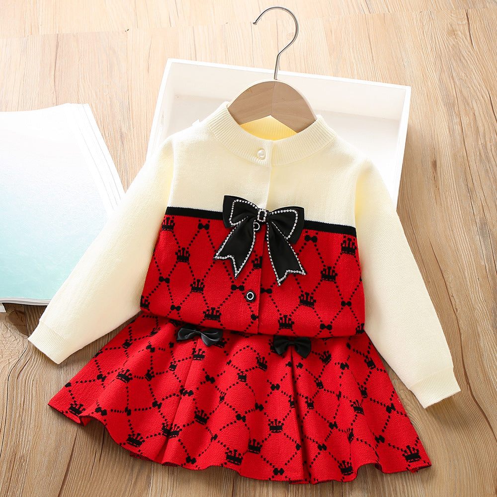 A girls sweater set autumn and winter new Korean version bow children's knitted long-sleeved cardigan short skirt two-piece set