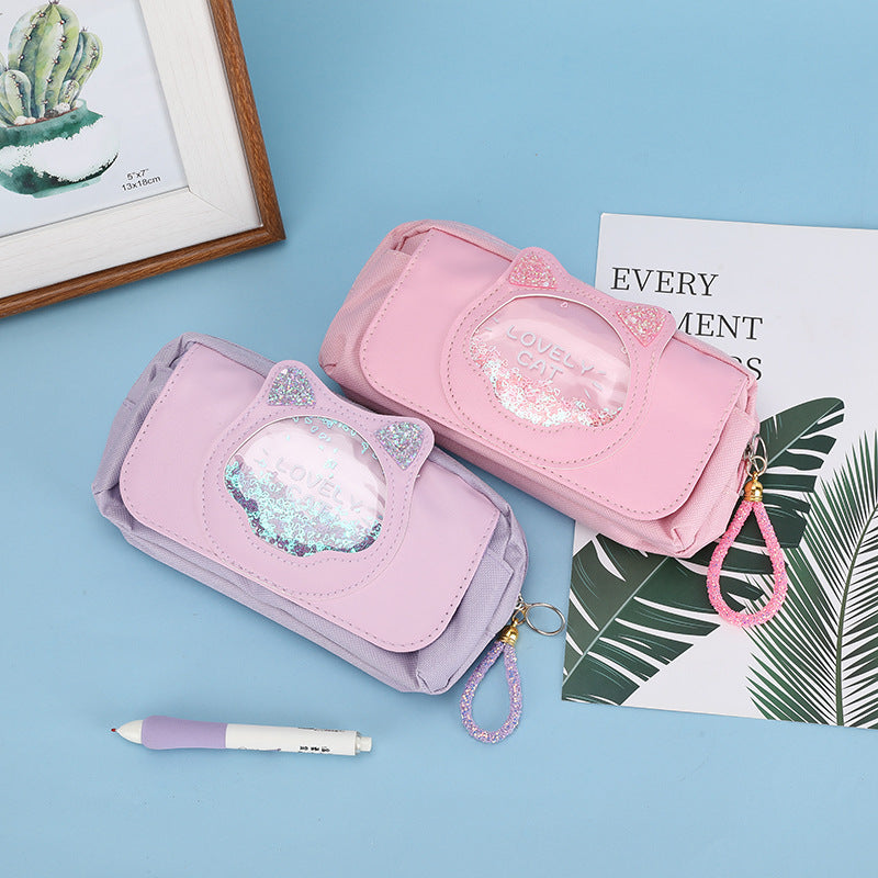 A quicksand cute stationery bag multi-functional stationery box large-capacity pencil case high-value pencil case girl's heart stationery bag