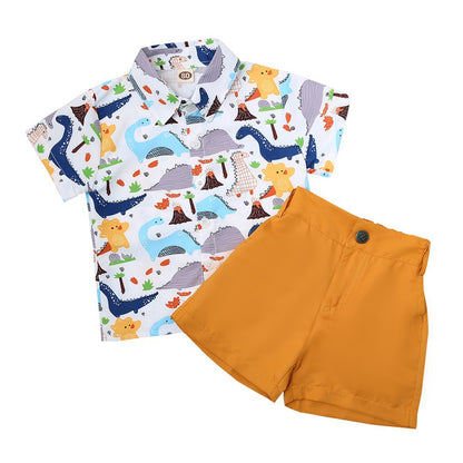 Dinosaur shirt set short sleeve shorts lower full print dinosaur shirt set yellow green solid color summer 0.12kg