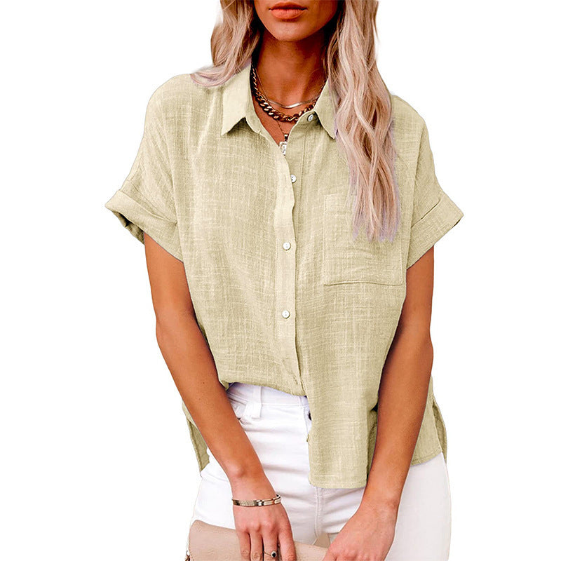 A Amazon wish summer new European and American cross-border women's clothing solid color linen shirt short sleeve casual loose shirt