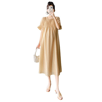 A maternity dress summer new design bubble sleeves heavy industry pleated skirt summer loose thin long dress