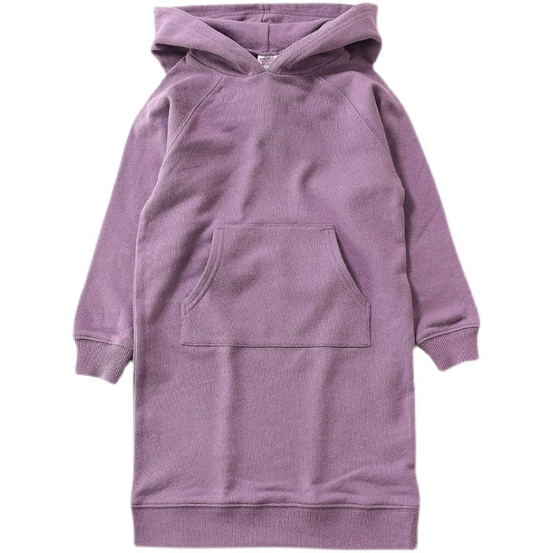 A middle-aged and older children's autumn children's sweater, kangaroo pocket dress, Japanese style soft parent-child hooded long shirt, solid color