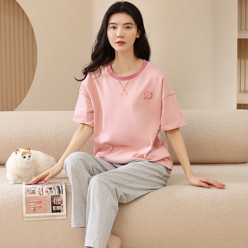 A pajamas women's summer women's pure cotton thin cool short-sleeved trousers round neck summer large-size women's loungewear suit