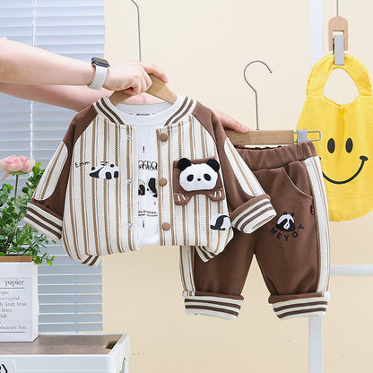 A Boys Autumn Suit New Children's Vertical Strip Cartoon Foreign Style Baseball Suit Baby Casual Jacket Three-piece Set