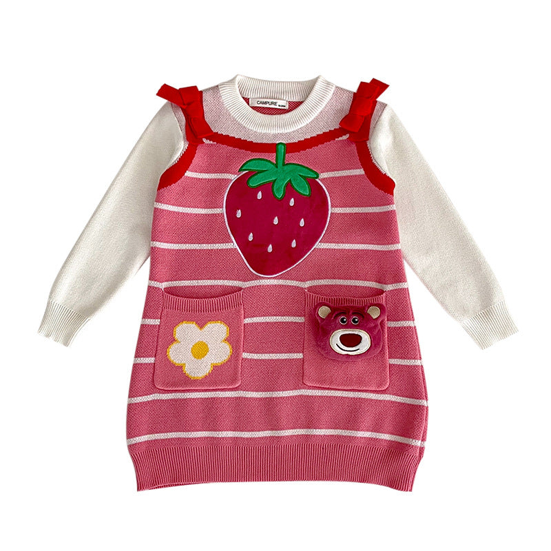 A girls spring and autumn dress new spring dress fashionable foreign style girls shirt children strawberry sweater skirt set