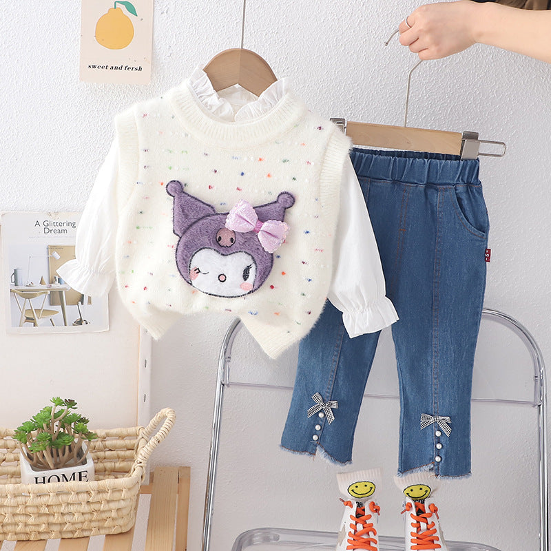 A new cartoon set girls sweater spring children's autumn sweater vest set three-piece wholesale