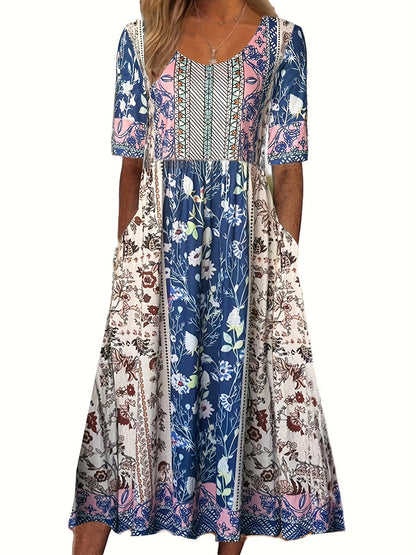 A 2024 Europe, America, Amazon Summer New Women's Crew Neck Short Sleeve Long Dress Bohemian Print Dress Women