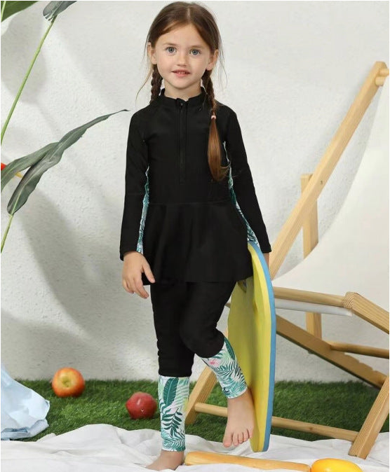 A New Children's Swimming Suit for Girls Split Body Fashionable Middle School Children's Sports Split Skirt Long sleeved Long Pants for Girls