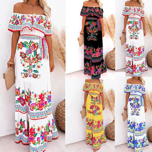 A 2024 European, American spring and summer independent station Amazon's new one-word shoulder red flower printing long pendulum dress