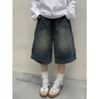 A American retro wash niche denim shorts women's summer new straight wide-leg distressed casual cropped pants