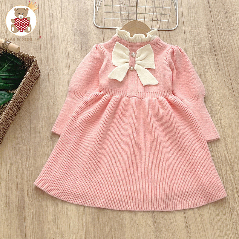 Girls' woolen dress, children's knitted dress, new bow fashion long dress, baby girl dress