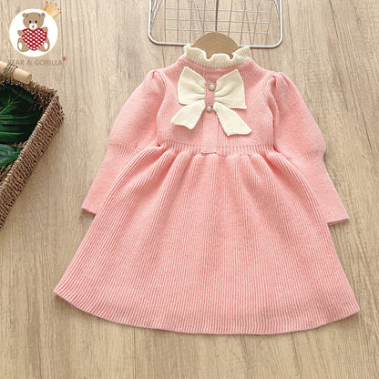 Vestido de lana para niñas, vestido de punto para niños, nuevo vestido largo de moda con lazo, vestido de niña 