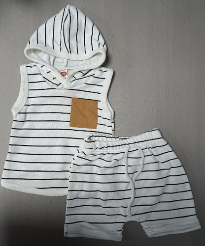 Children's sleeveless hooded striped printed vest top+summer casual drawstring shorts 2-piece set of 0.25kg