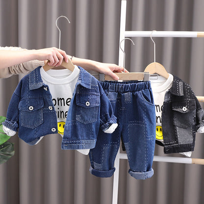 Boys and girls new fashion suit piece denim jacket spring and autumn three-piece baby handsome tide children&#039;s wear 0.3KG