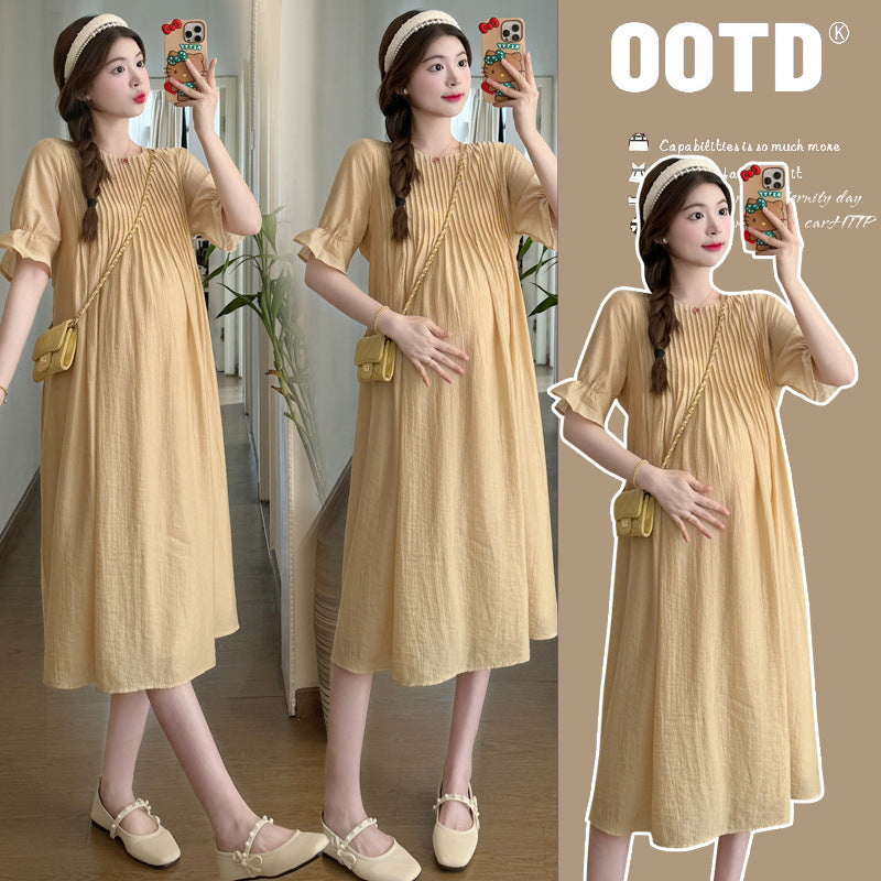 A maternity clothing summer medium and long dress short sleeve pleated gentle loose temperament thin and white maternity Tencel skirt