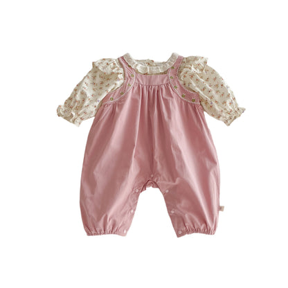 Conjunto de dos piezas de pantalones con pechera de una pieza para bebé, traje de gateo de una pieza para niña, camisa con estampado floral, estilo extranjero para bebé 