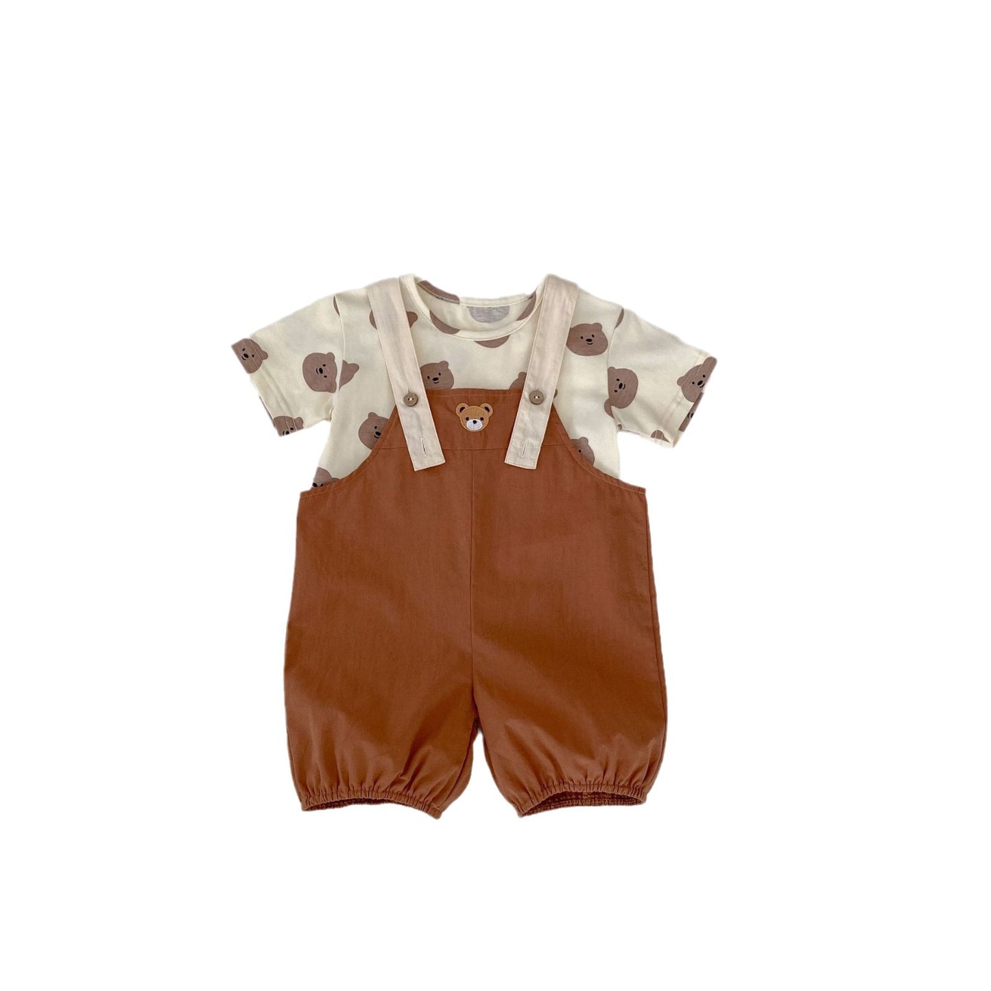 Ropa infantil popular de verano 2024 para niñas, ositos, tops + pantalones elásticos, correas de empeine, trajes de escalada cortos 