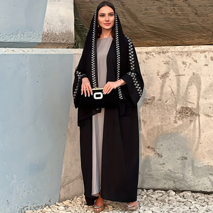 Women's Abaya Middle East Muslim Turban Cardigan Embroidered Dress Arabian Robe Bat Sleeve Overcoat Cross-Border