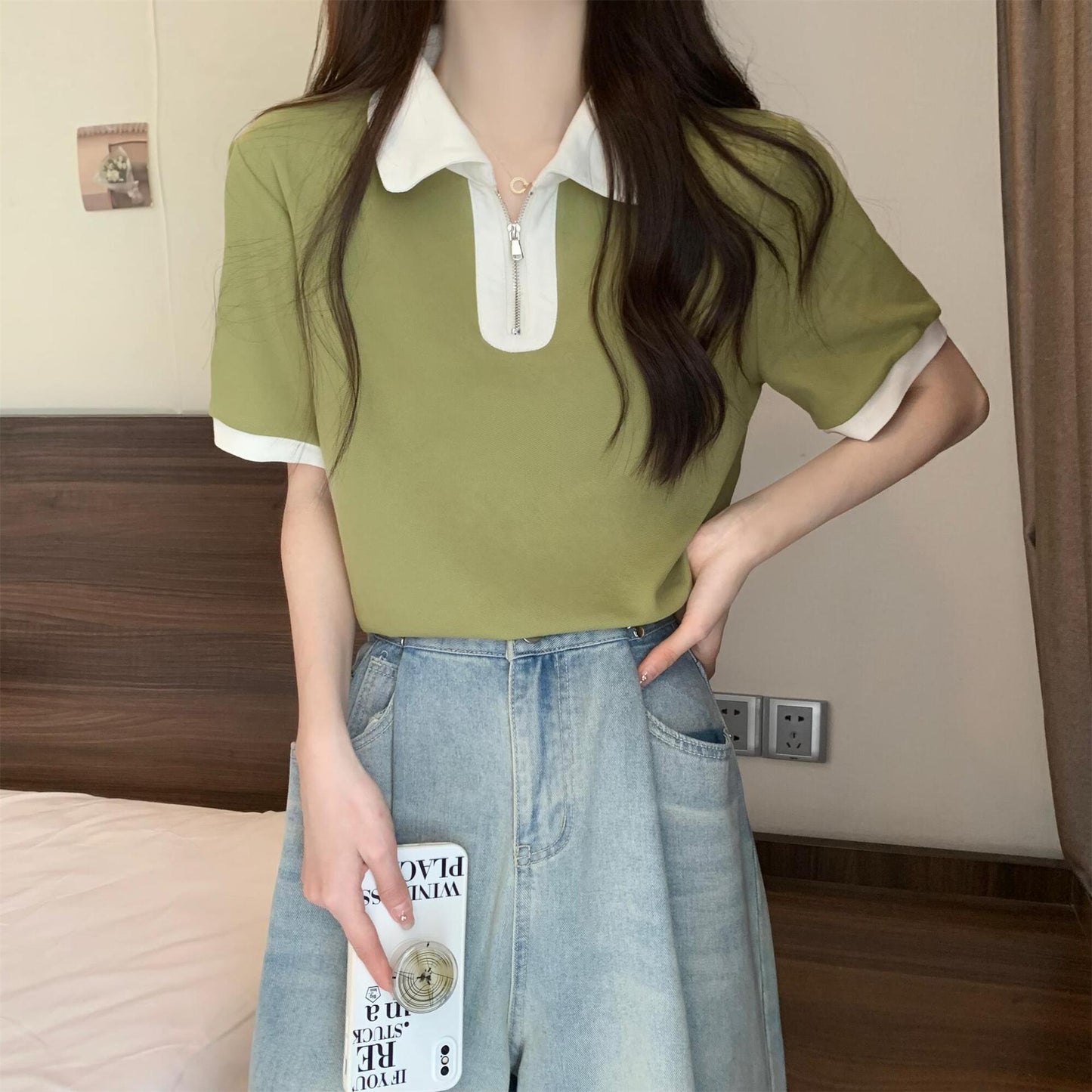 Large size women's clothing front shoulder short-sleeved T-shirt women's summer new polo shirt lapel thin zipper top, one piece is sent on behalf of others.