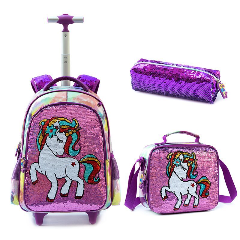 A Cross border New Bead Cute Cartoon Primary School Girl 16 inch Load Reduction Rod School Bag Children's Illusion Three piece Set