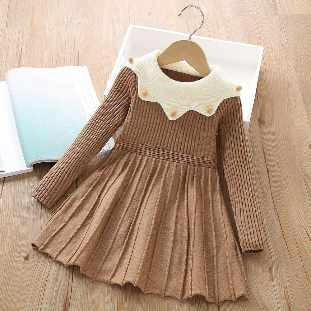 A girls sweater dress autumn and winter new cute foreign style Korean version girls solid color knitted long-sleeved princess dress