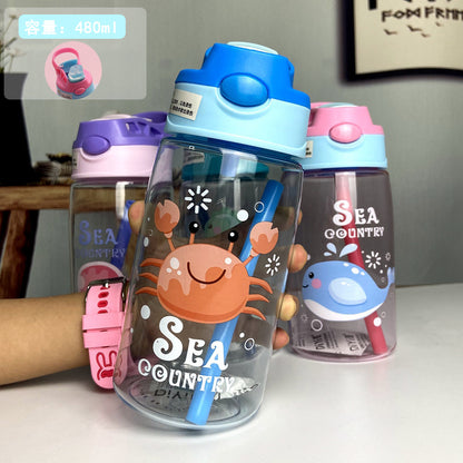 A net red plastic water cup cartoon children's straw cup strap summer high value schoolgirl water bottle bouncing cup wholesale