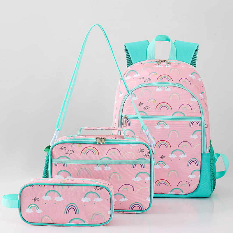 Un nuevo conjunto de tres piezas de mochila escolar para niños de otoño, bolsa para el almuerzo con unicornio, conjunto de estuche para bolígrafos del mismo estilo popular entre los niños 