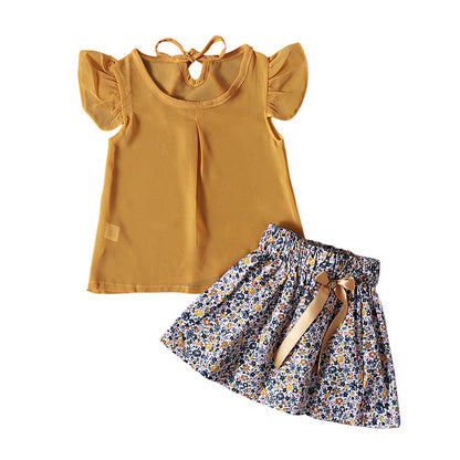 Children's European and American summer style girls small flying sleeve top + bow floral short skirt two-piece set children's clothes ins 0.1kg