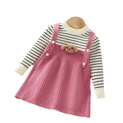 Vestido de niña Otoño e Invierno Falda de niña Falda de suéter de punto de dos piezas falsa para niños