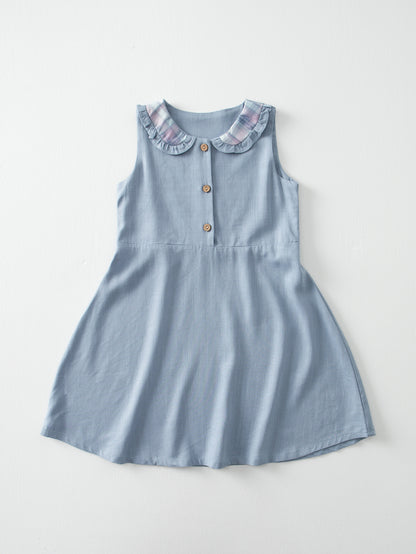 A 2024 summer girl baby cotton linen sleeveless vest dress dress plaid contrast cardigan belt princess dress