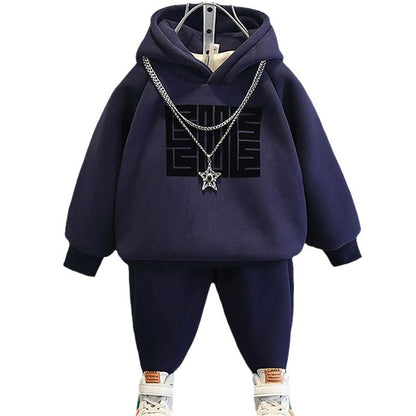 A children's new autumn and winter velvet hooded sweater beautiful suit foreign style baby children's winter clothing handsome fried street