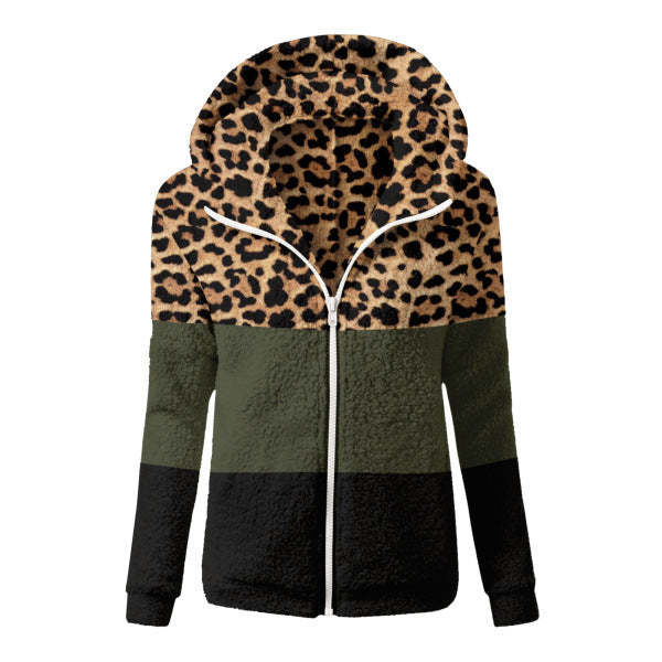 Chaqueta con capucha gruesa de invierno para mujer, de felpa, de manga larga y bloques de colores con estampado de leopardo 