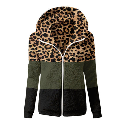 Leopard Print Color Block Long Sleeve Plush Top Women's Winter Thickened Women's Hooded Jacket