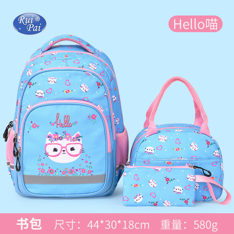 A amazon new style primary school student print kids backpack schoolbag load reduction three-piece school bag wholesale