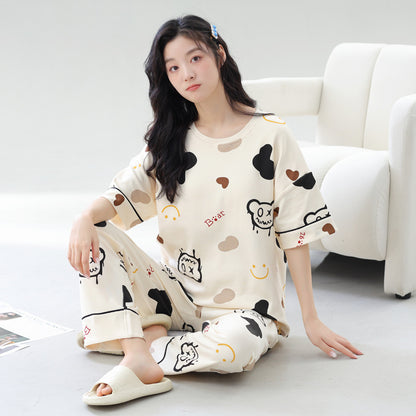 A pajamas women's summer women's pure cotton thin cool short-sleeved trousers round neck summer large-size women's loungewear suit