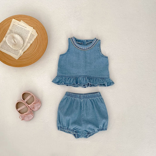 A 2024 Summer Popular Children's Wear Embroidered Soft Denim Cloth Infant and Toddler Girls All Cotton Sweet Sleeveless Set