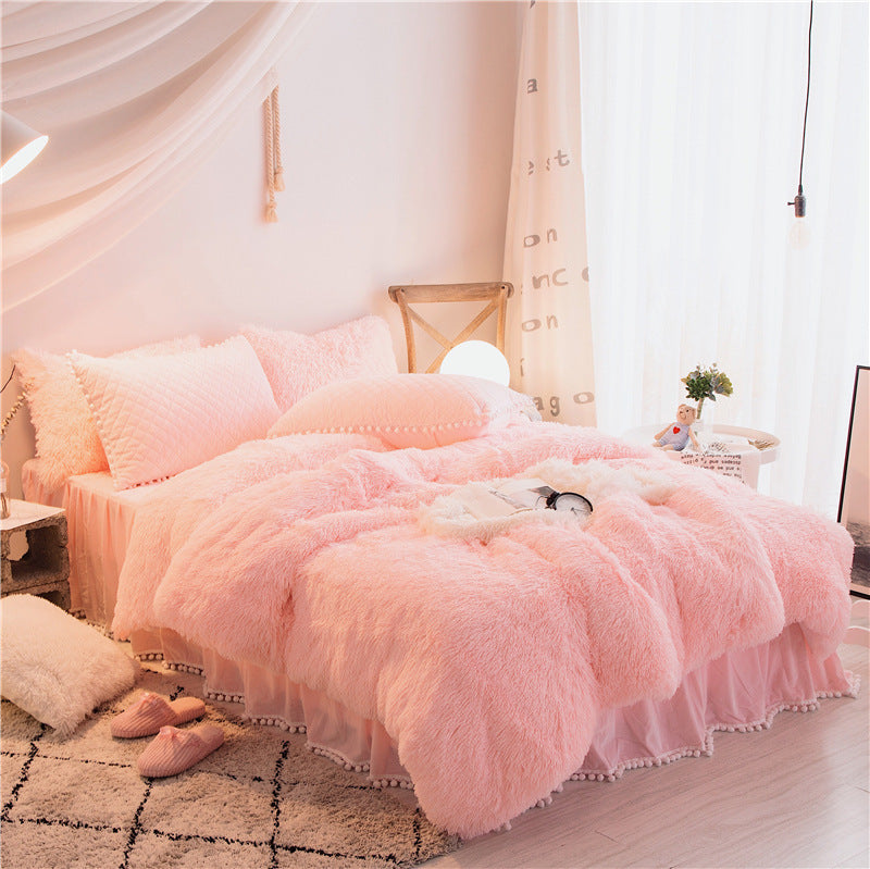 A Autumn and winter thickened warm mink velvet bed skirt four-piece crystal velvet princess wind long hair double-sided velvet bedding