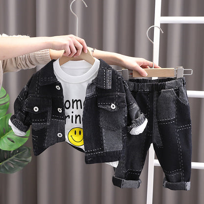 Boys and girls new fashion suit piece denim jacket spring and autumn three-piece baby handsome tide children&#039;s wear 0.3KG