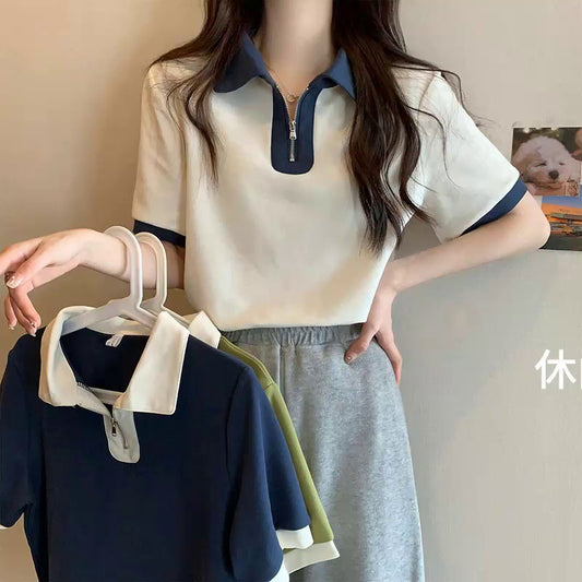 Large size women's clothing front shoulder short-sleeved T-shirt women's summer new polo shirt lapel thin zipper top, one piece is sent on behalf of others.