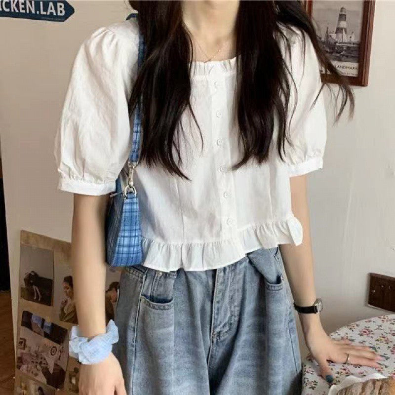 A Summer New 2024 Lotus Leaf Edge Short Sleeve Shirt Women's High Waist Salt Sweet Bubble Sleeves